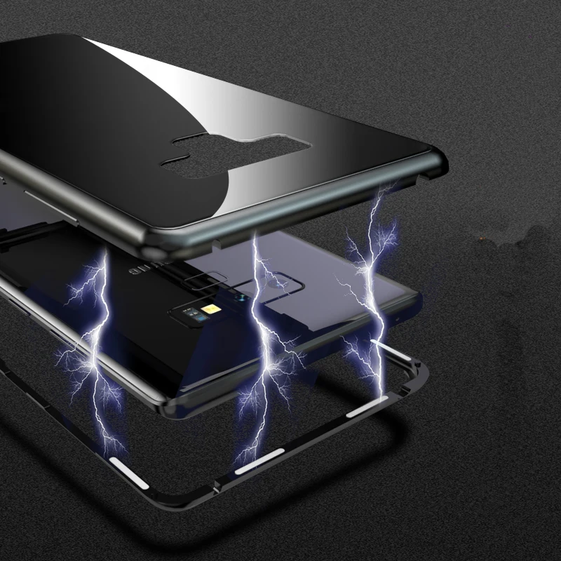 Magnetic Adsorption Case for Samsung Galaxy Note 9 Metal Aluminum Frame Clear Tempered Glass Back Cover Note9 |
