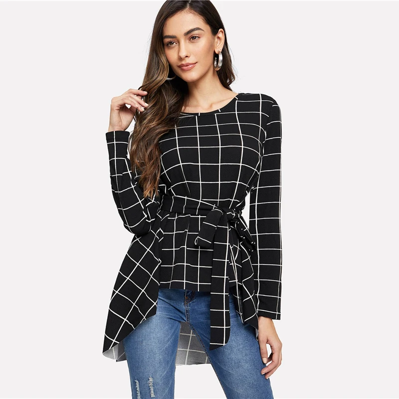 SHEIN Асимметричный Топ В Клетку С Поясом Женская Демисезонная Элегантная Блузка С Длинными Рукавами И Круглым Вырезом