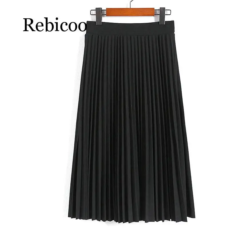 

Rebicoo 2019 fashion women's high waist pleated solid color elastic skirt ladies black party casual skirt