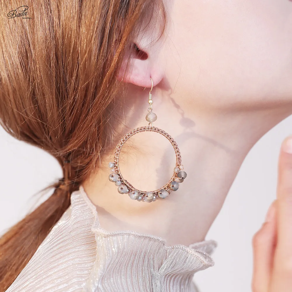 

Badu Big Round Drop Earring Vintage Crochet Crystal Women Hollow Dangle Earrings Handmade Jewelry Christmas Wholesale