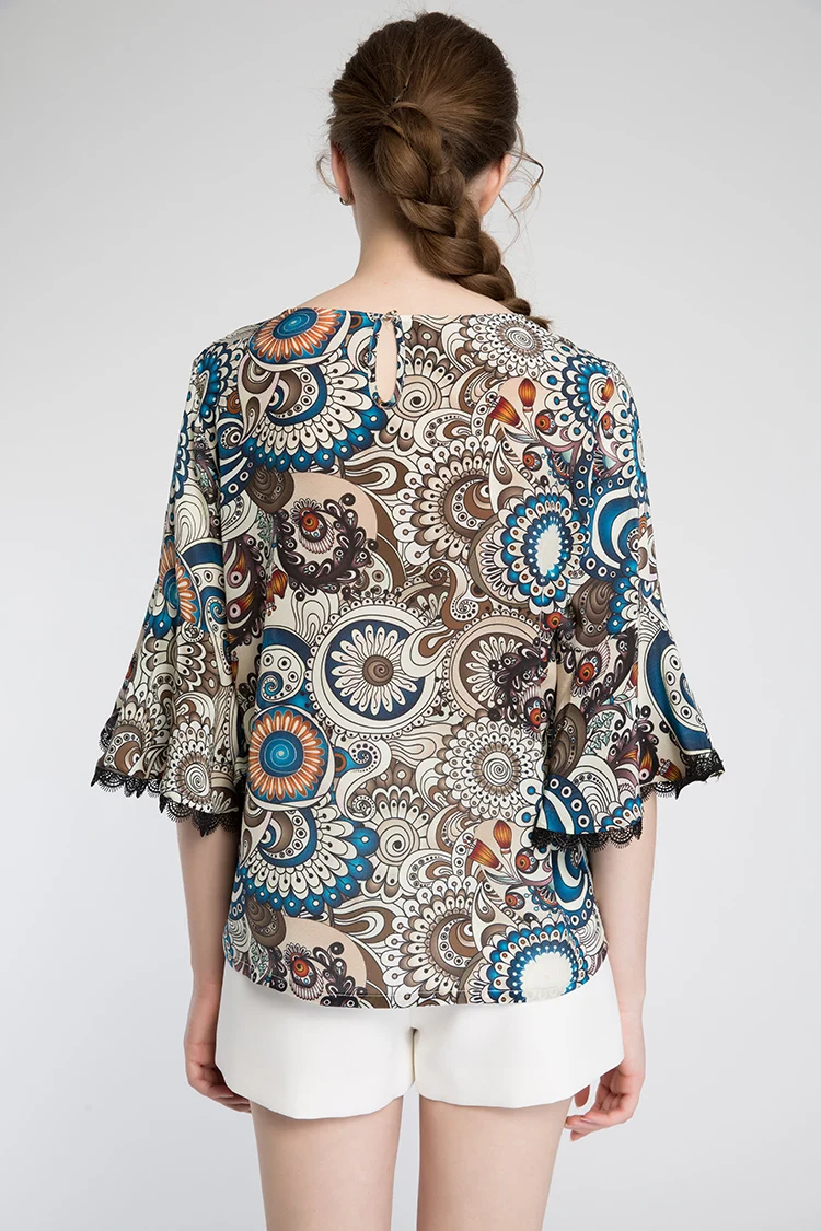 Женская павлин печати шелковая рубашка 2017 лето леди уникальный flare рукава