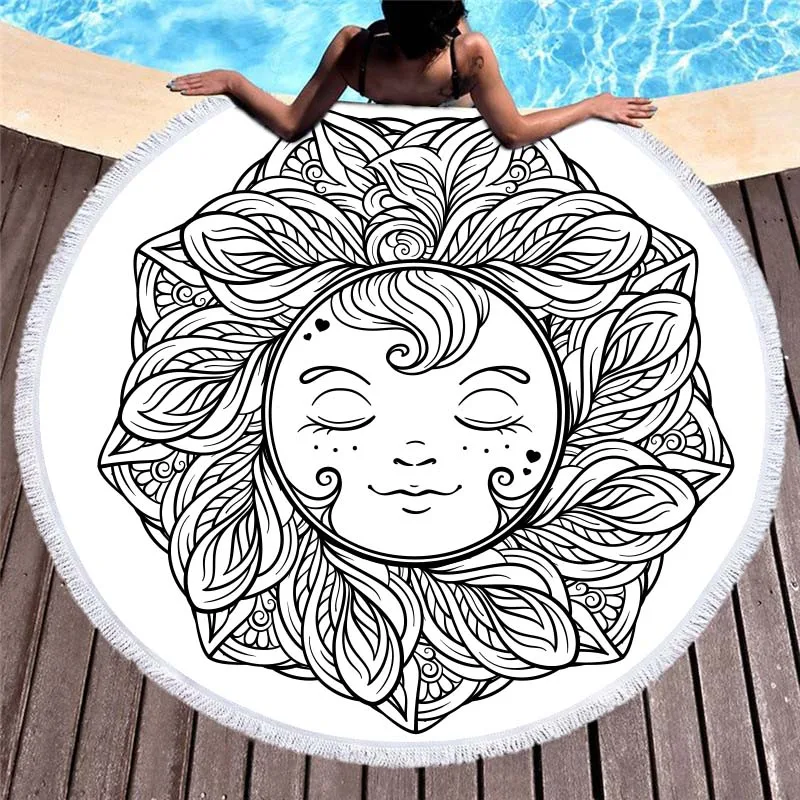 Sun Elephant Printed Mandala Large Round Microfiber Beach Towel for Adults Kids Blankets with Tassels Summer Bikini Cover Up Mat | Дом и сад