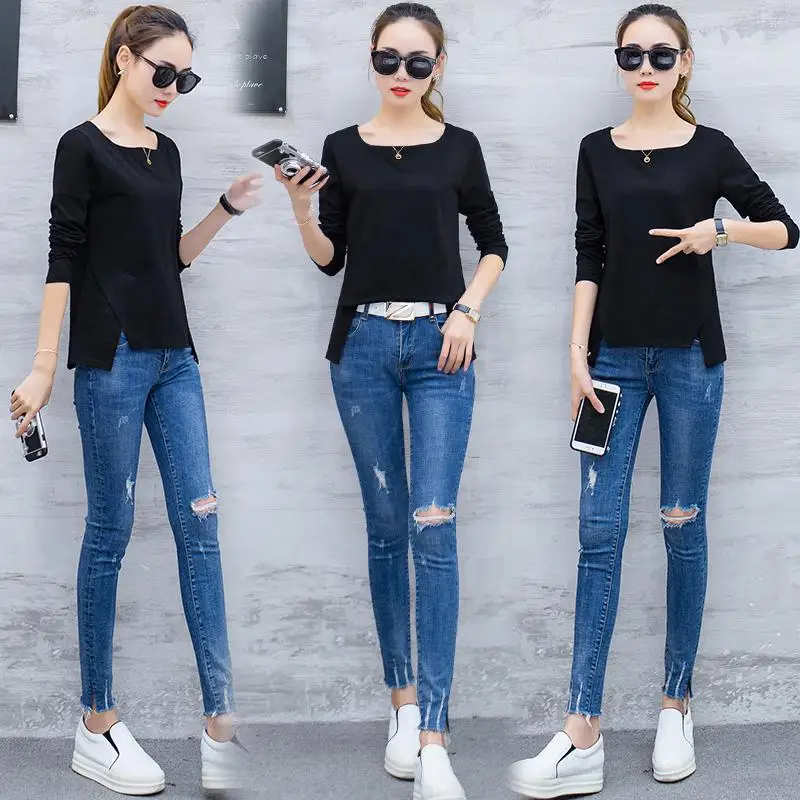 2018 осенние модные свободные квадратный воротник Футболка с рукавами одноцветное