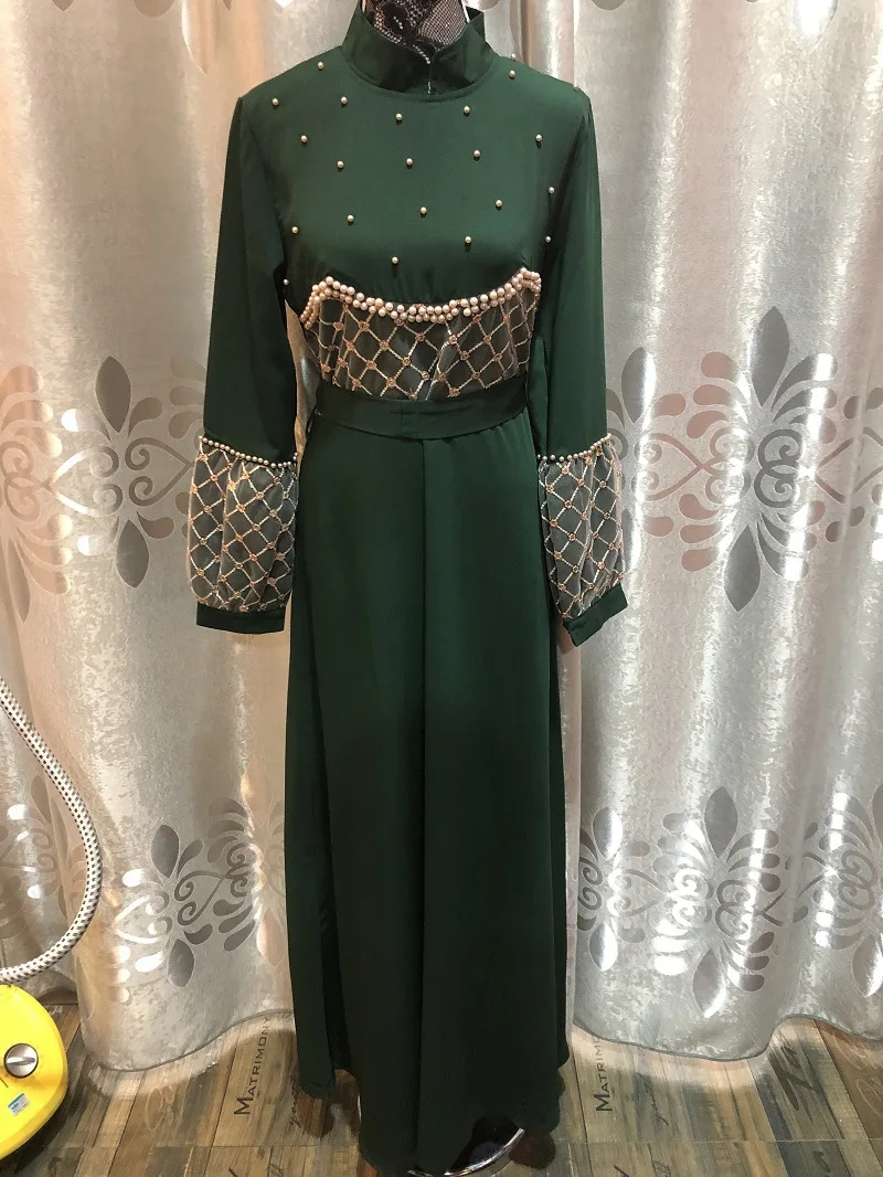 Элегантное мусульманское платье с алмазным бисером мусульманская абайя женское длинное Сетчатое вышивкой