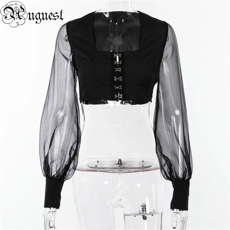 Uguest Women Mesh See Through Top Square Collar Patchwork Long Lantern Sleeve Short With Sleeves Black T-shirts Summer | Женская одежда