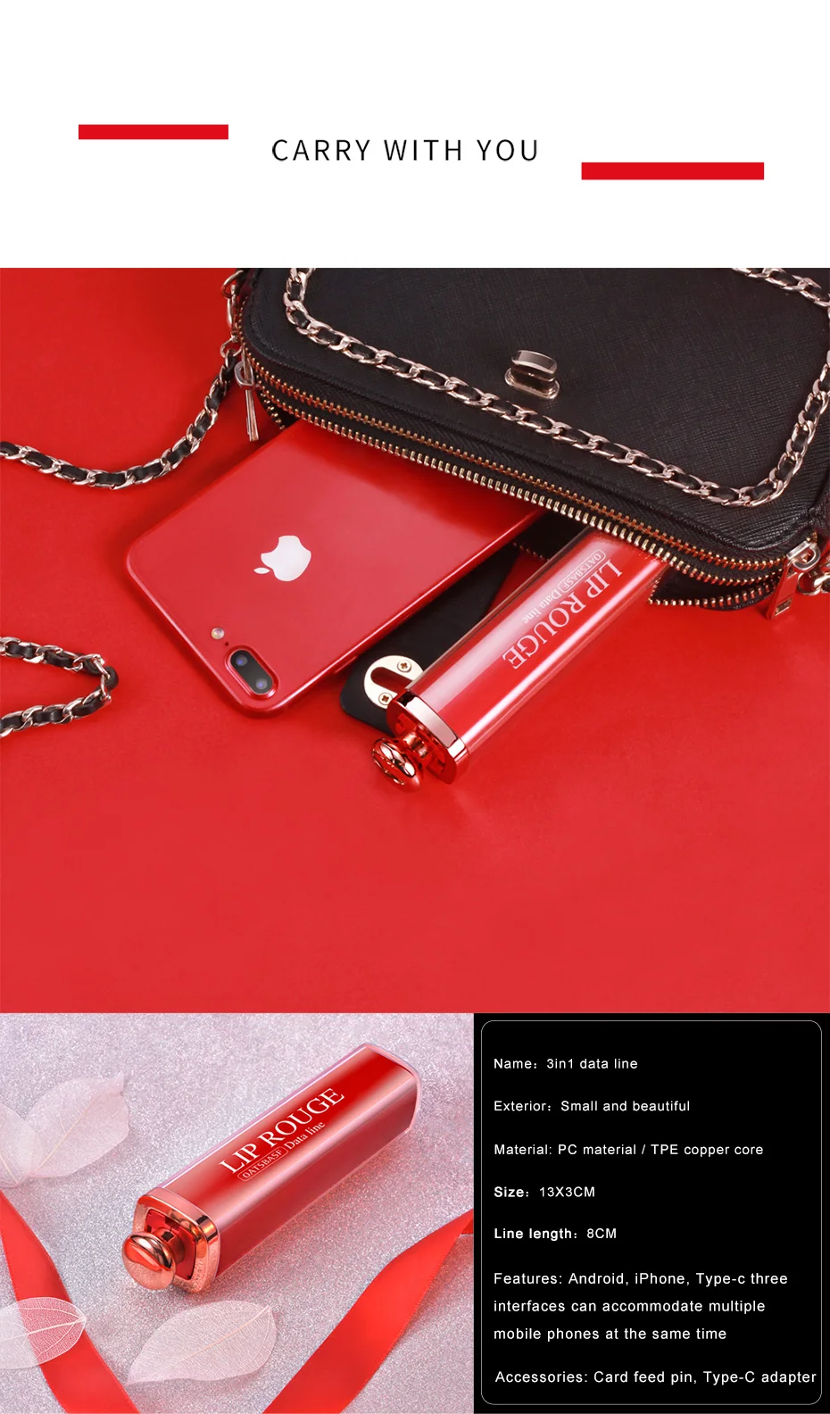 OATSBASF 3 в 1 Micro usb type C USB кабель для iPhone X 8 7 6 Дизайн Помады скрытый USB кабель для Xiaomi huawei samsung
