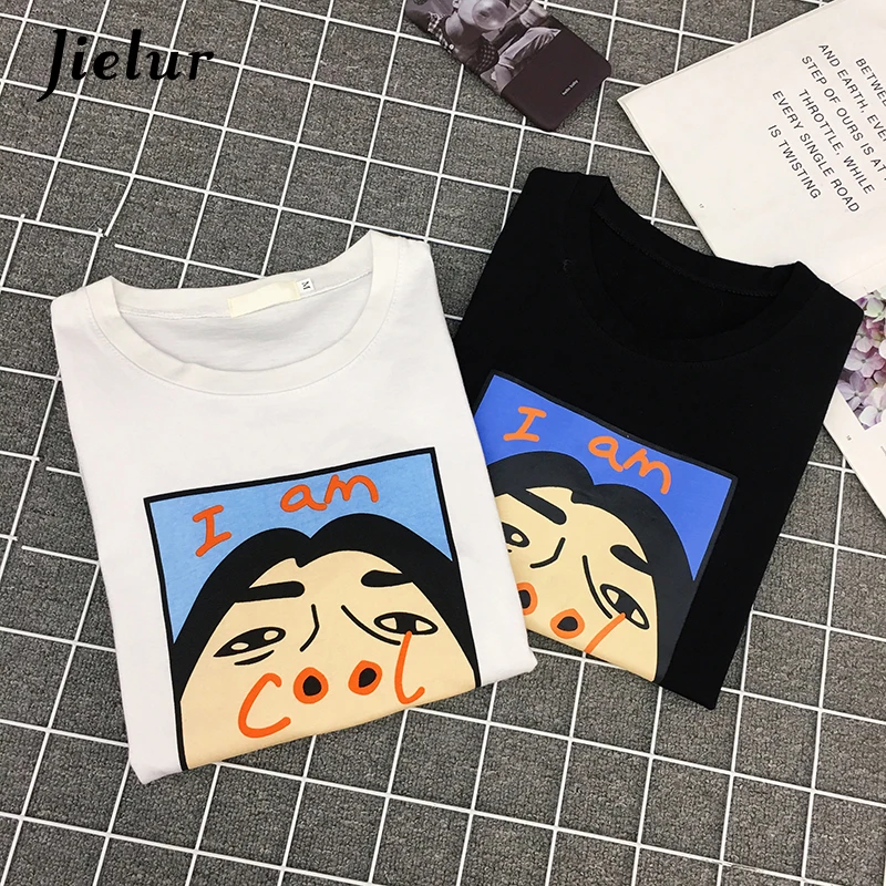 Jielur Harajuku I am Cool, белая футболка с забавным буквенным принтом, Женская Корейская креативная женская футболка, модная пародия, черный топ, футболка, S-XL