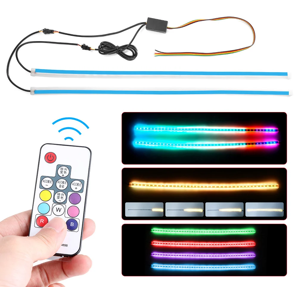 Новинка, RGB, тонкий, последовательный, гибкий светодиодный, DRL, для головы, светильник, Полоска, дневной ходовой светильник, с пультом дистанционного управления, 12 В, RGB, динамический DRL