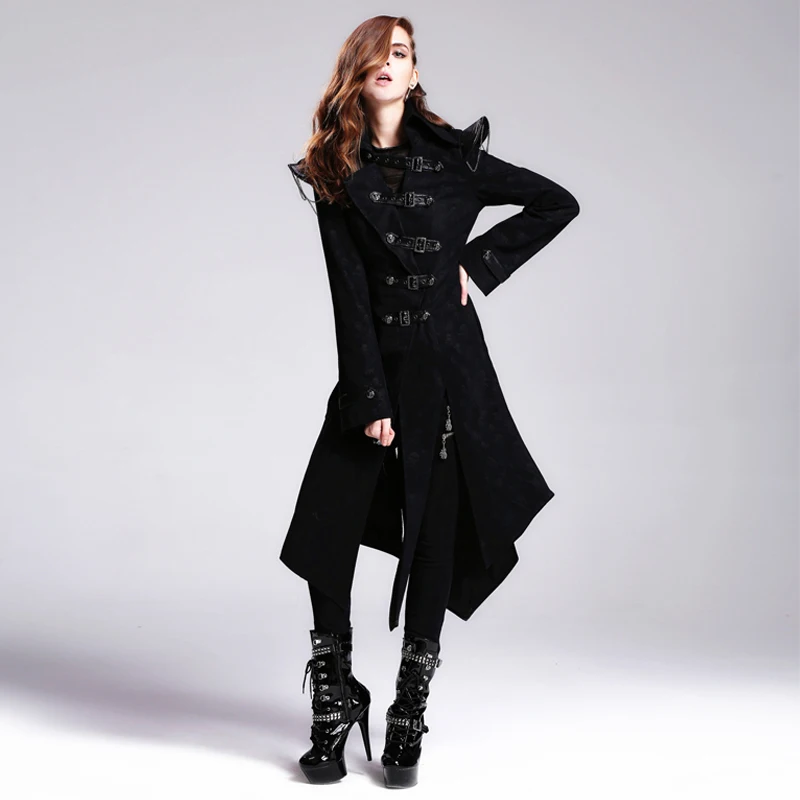 

Асимметричная Длинная женская куртка Devil Fashion в стиле панк-рок, черная хлопковая ветровка в стиле стимпанк для осени и зимы