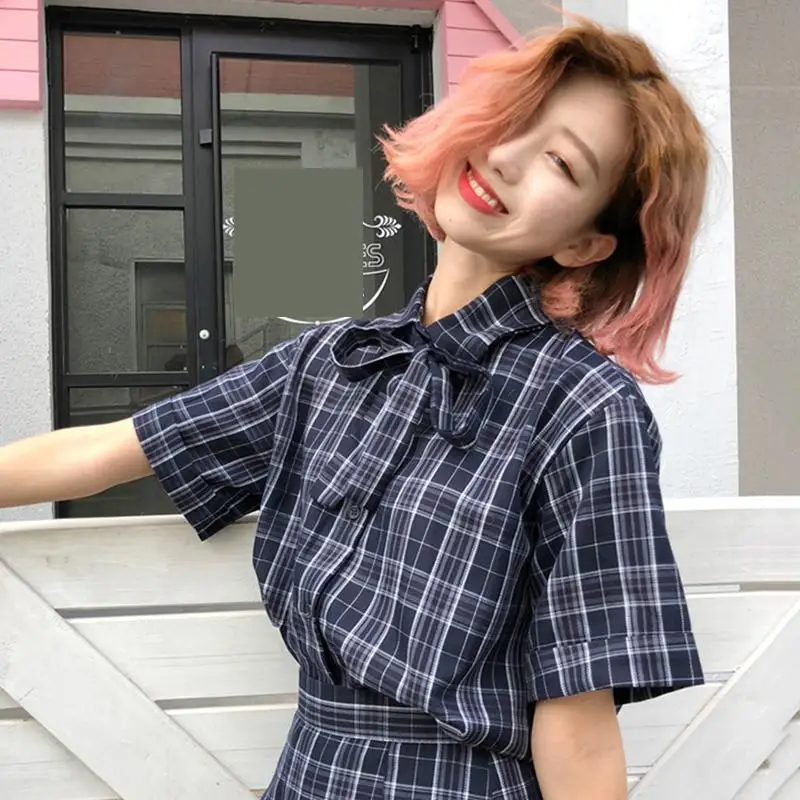 Женский костюм в клетку свободная клетчатая рубашка с коротким рукавом и юбка