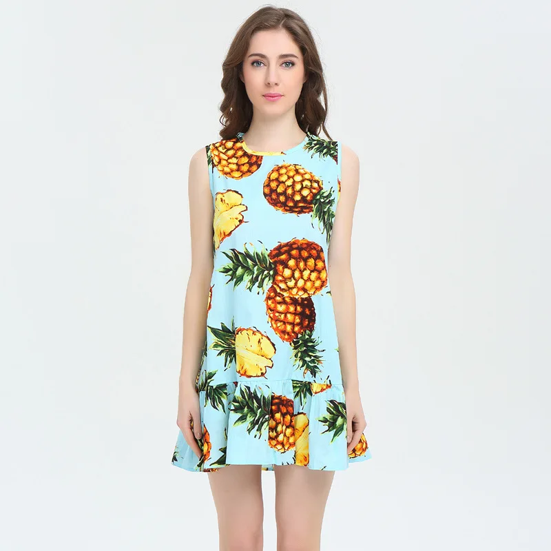 

Customized Summer Pineapple Print Ruffles Mini Dress Back Zipper Sleeveless Casual Dresses Vestidos