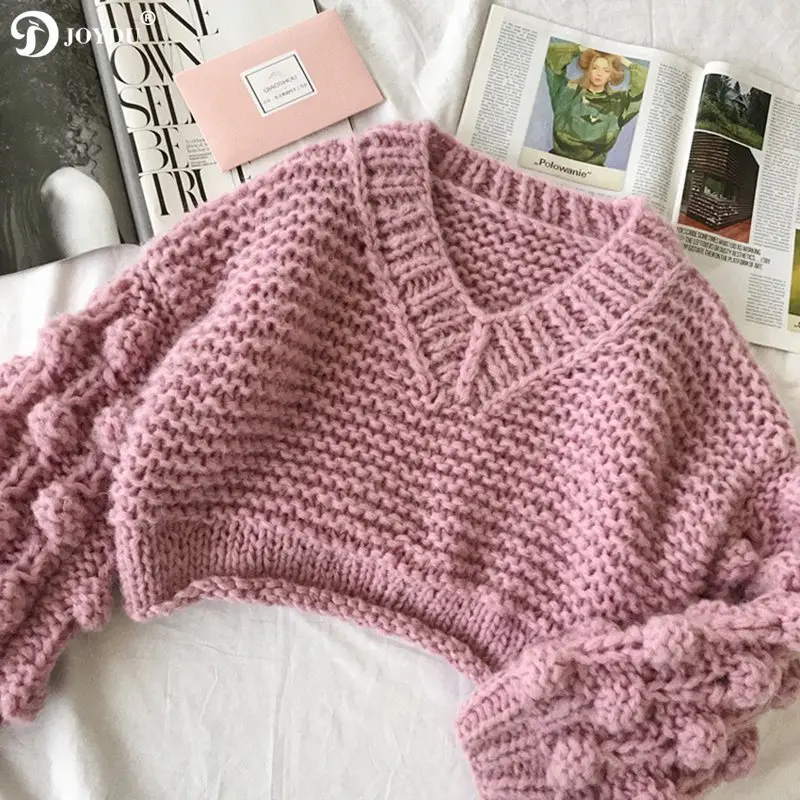 Фото JOYDU Oversized Handmade Hairball Soft Mohair Cropped Pullovers Women Sweater 2018 Winter Thick Needle V-neck Fashion Jumper Top Женская JOYDU Oversized Handmade Hairball Soft Mohair Cropped Pullovers Women Sweater 2018 Winter Thick Needle V-neck Fashion Jumper Top Женская