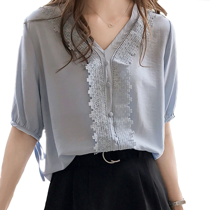 

Feminine Lace Blouses Women Tops Summer 2019 Fashion Patchwork Buttons Short Sleeve Vintage Chiffon Shirts Women Chiffon Blouse