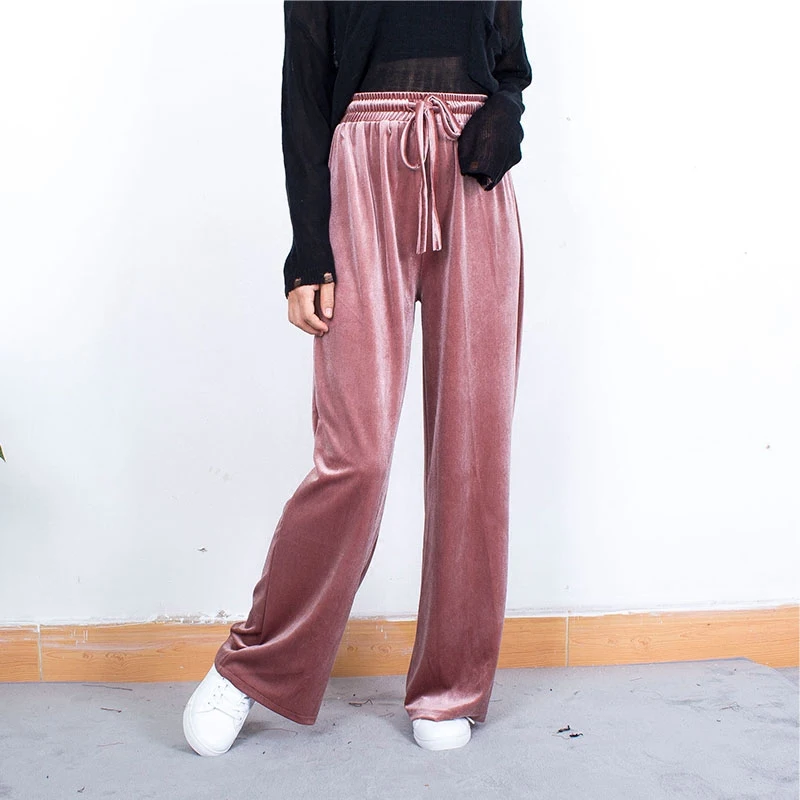 

Women's High waist Gold velvet trousers wide-leg pants female autumn retro loose to casual pants elastic waist pants Trousers