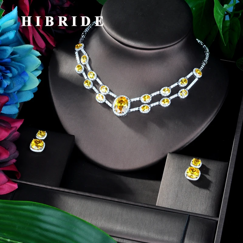 

HIBRIDE Luxury Oval Shape Yellow AAA Cubic Zircon Women Bridal Jewelry Sets For Party Accessories Jewelry Gifts N-943