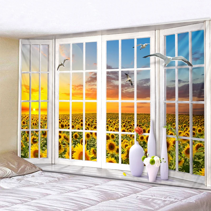 Гобелен с изображением подсолнуха снаружи окна гобеленовое украшение мандалой