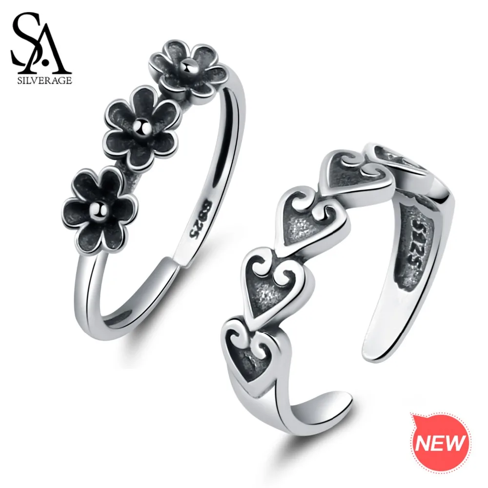 

SA SILVERAGE Authentic 925 Sterling Silver Vintage Flower/Heart Shape Wedding Rings for Women 925 Silver Rings Girls Jewelry
