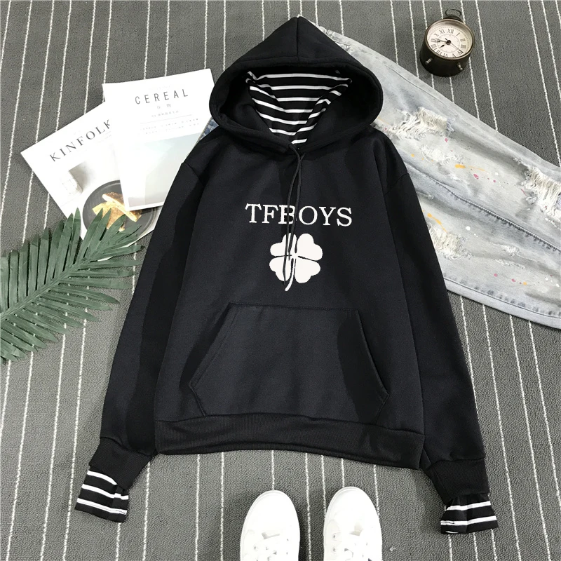 Модные толстовки Tfboys Kpop с имитацией двух предметов толстовка длинными рукавами