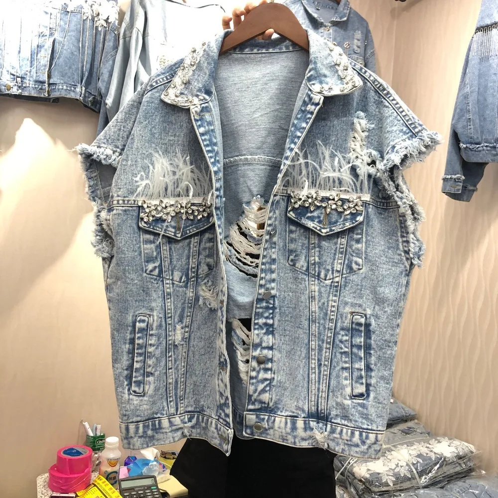 Thailand brand fashion women lace feather sequins beaded hole loose sleeveless denim vest female spring jeans jacket | Женская одежда