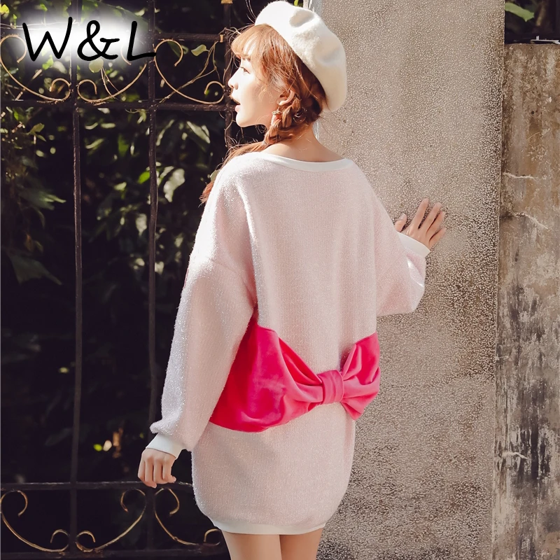 Women Sweater Pullover Knitted Jumper Pull Winter Thicken Warm Loose Batwing Sleeve Female Clothing Oversize Pink Bow Sweet Girl | Женская
