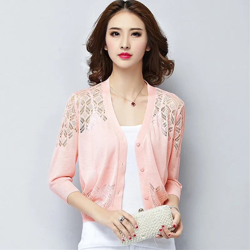 New Summer Autumn Women Knitted Cardigans Bright Silk Shawl Short Knit Coat Female Slim Elegant Long Sleeve Thin Cardigan |