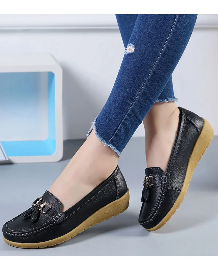 Fashion Shoes Women Genuine Leather Shoes Woman Fashion Casual Wedge Loafers Shoes Slip-on Round Toe Shoe For Women Mocasin