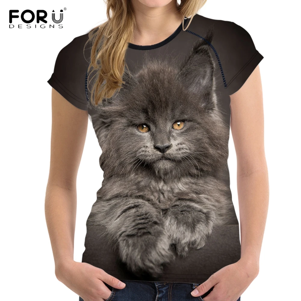 FORUDESIGNS/Harajuku женские летние футболки милые 3D с принтом кота/котенка коротким