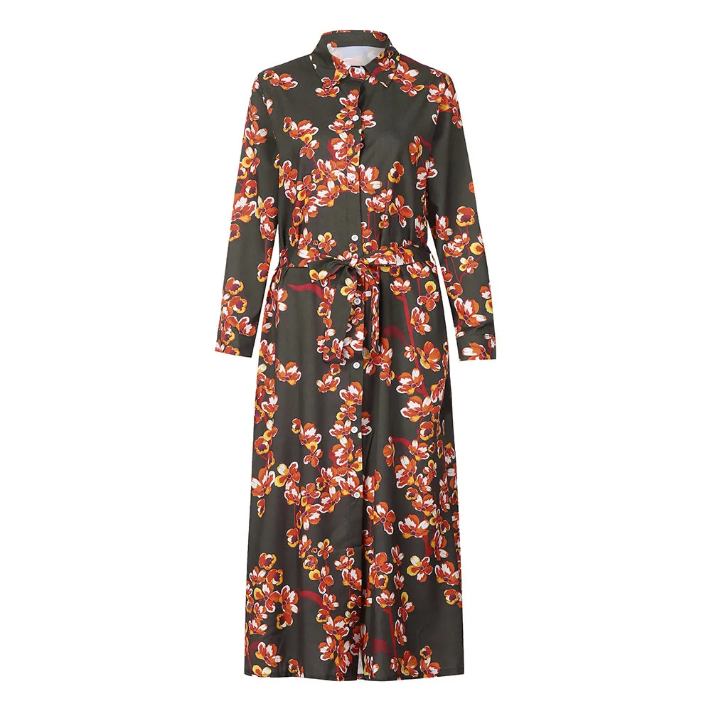 Yellow Dress Floral Printing Button Up Long Shirt Breathable Vestidos | Женская одежда