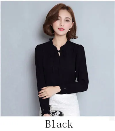 WL007black Женские летние топы, длинный рукав, одноцветная шифоновая блузка с оборками, рубашка, повседневная женская белая рубашка, рабочая одежда размера плюс - Цвет: WL007black