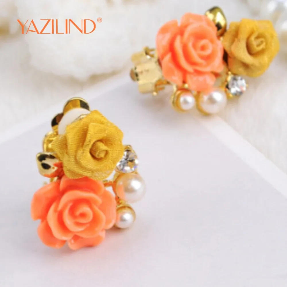 Yazilind 2016 милые серьги с желтыми и розовыми цветами жемчужные Женские Ювелирные