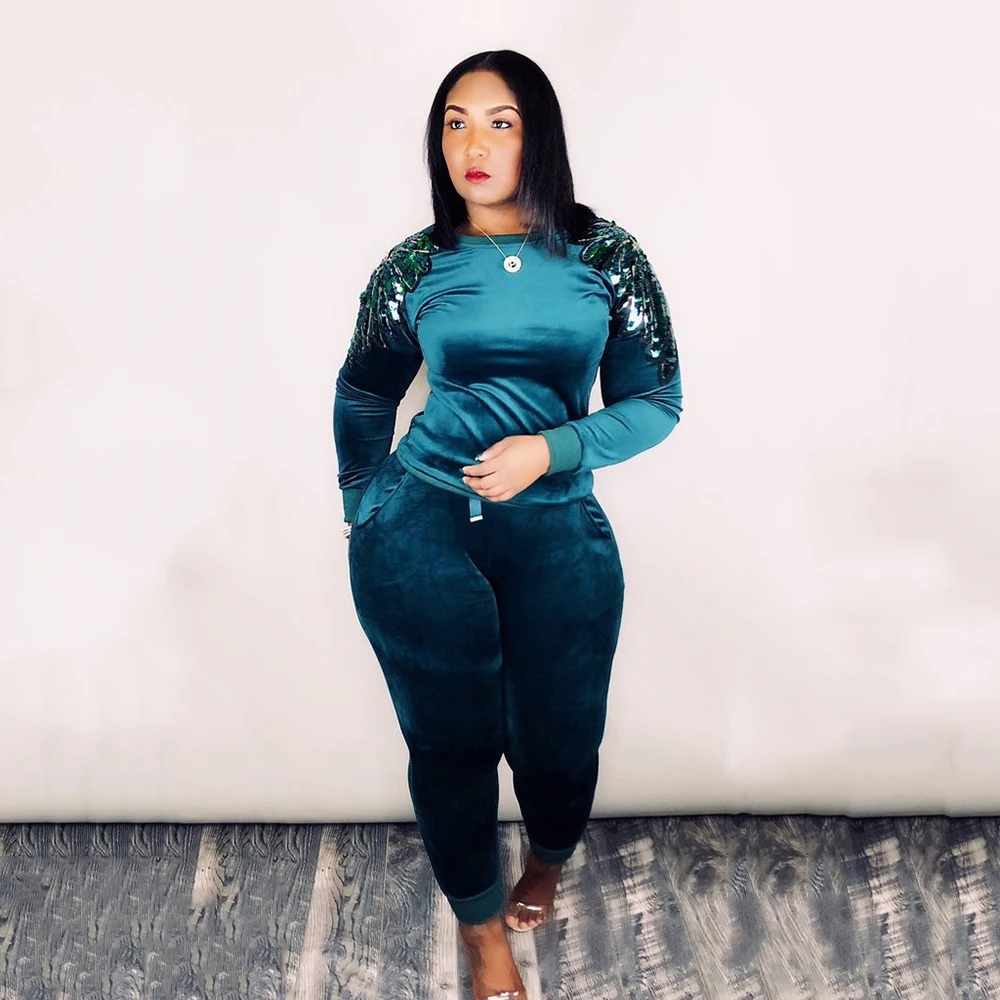 Women Two Piece Set Outfits Velvet Sequins Shoulder Patchwork O-Neck Long Sleeve Pullovers Pencil Pants Casual Sportswear |