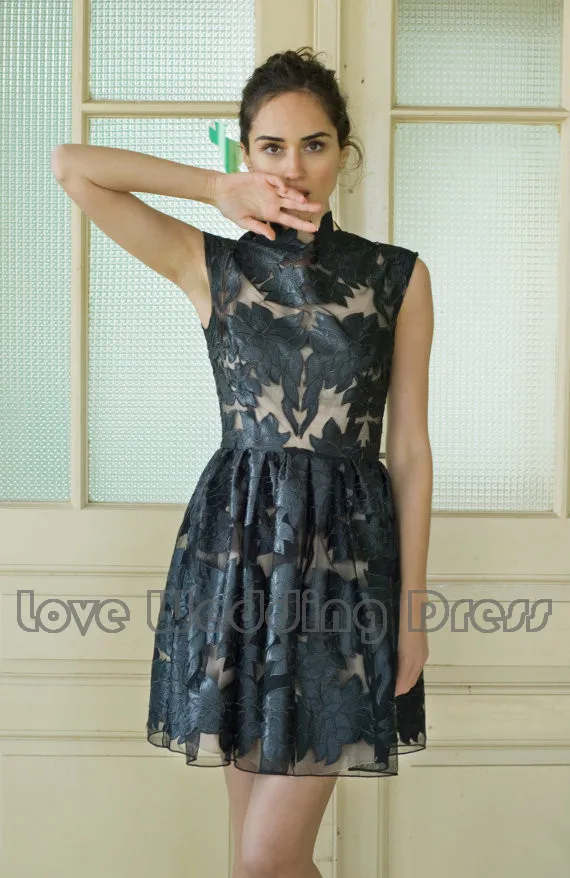 Черный Высокая Шея Короткие Пром Платье Из Органзы Аппликации Сексуальная