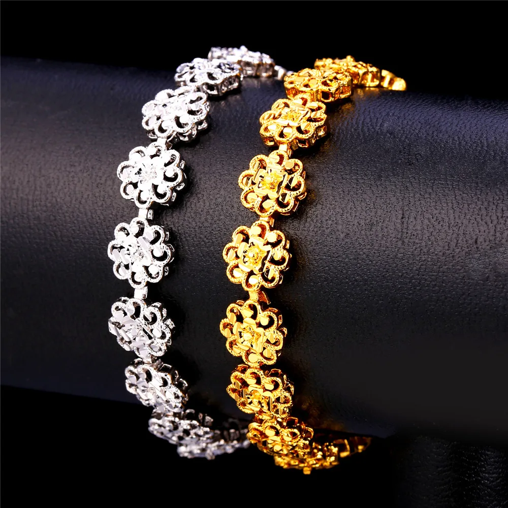 U7 Золотой/Серебряный Цвет Винтаж Цветок Ожерелье Серьги Браслет Комплект