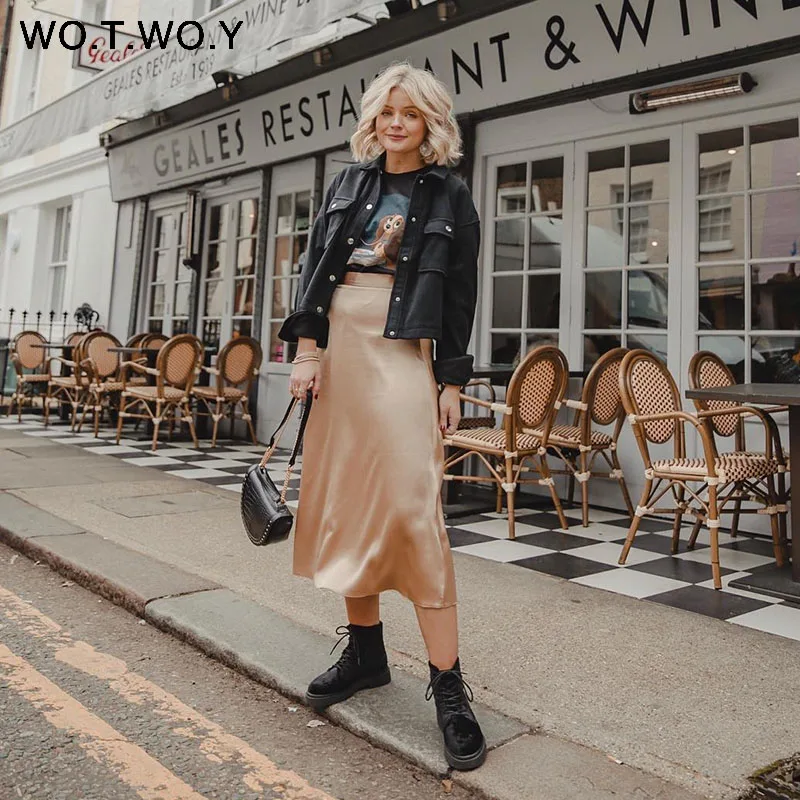 WOTWOY 2019 Горячие трендовые атласные юбки женские с высокой талией на молнии тонкие