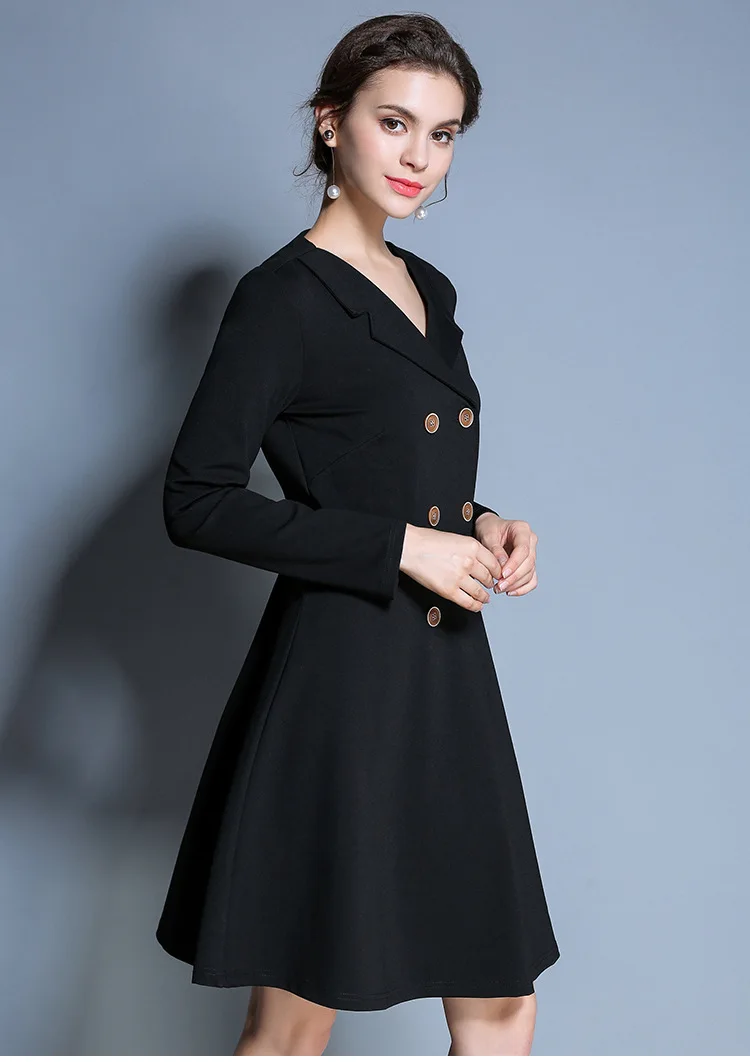 Новинка 2017 Осеннее элегантное платье с отложным воротником двубортное