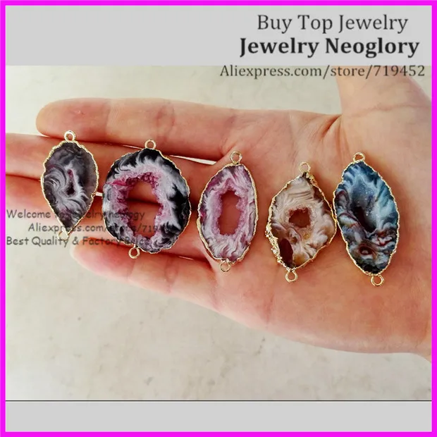 5pcs Mixed Colors Geode Leopard Stone Druzy Pendant Beads Natural Quartz Slice Gem Connector | Украшения и аксессуары