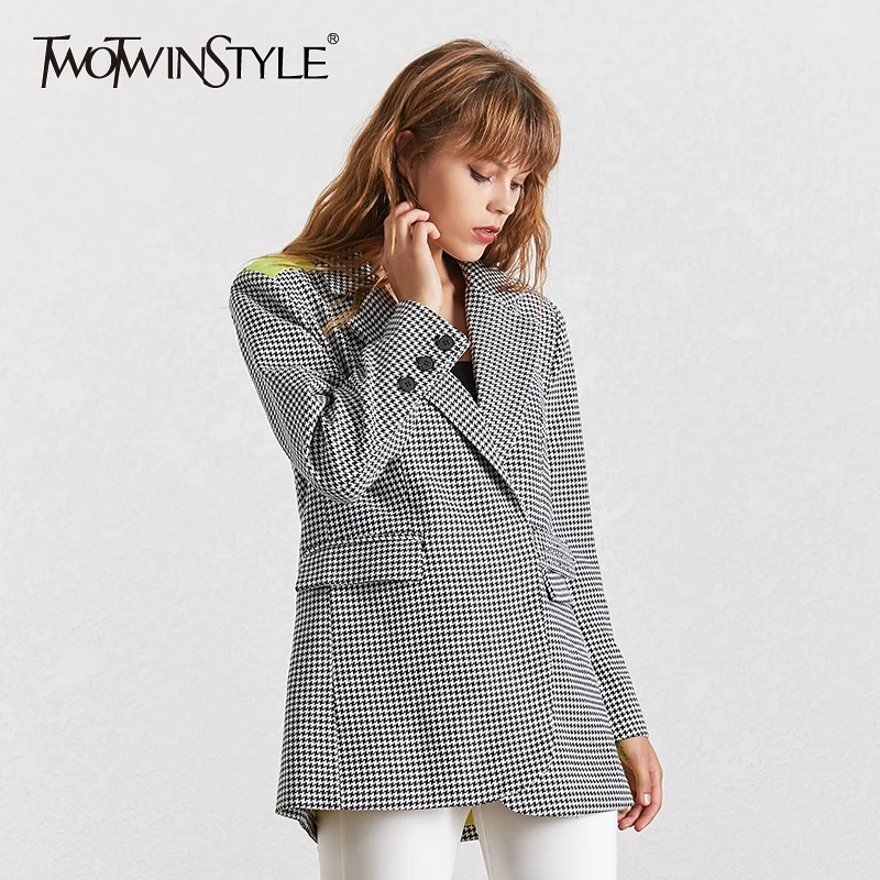 Женский клетчатый Блейзер TWOTWINSTYLE элегантный блейзер с отложным воротником и