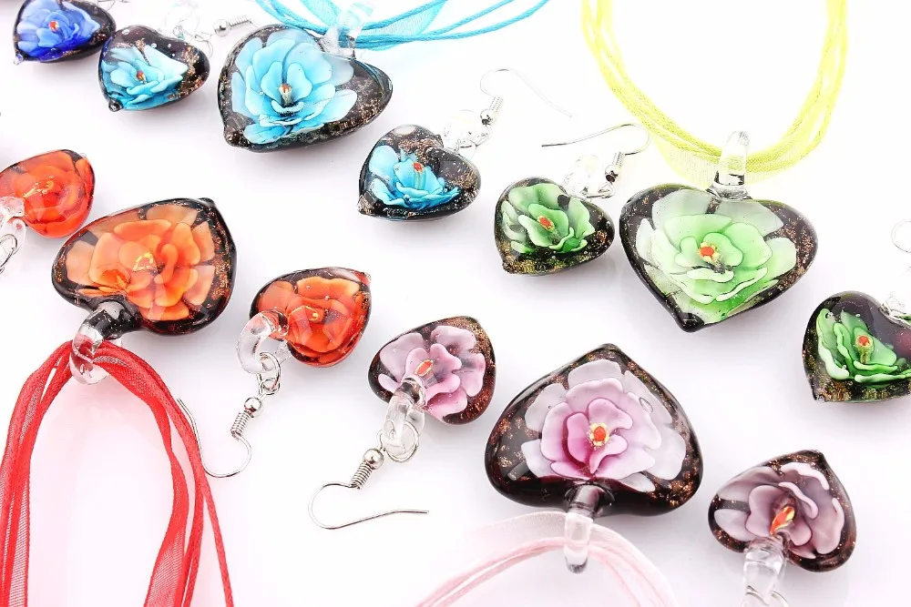 Лидер продаж оптом 6 комплектов Murano Lampwork Стекло сердце серебряный кулон P Красота Шарм Цепочки и ожерелья+ серьги для женщин