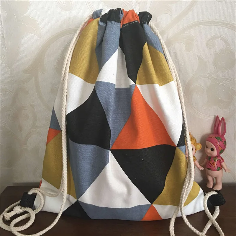 

YILE Cotton Canvas Drawstring Backpack Rucksack Geometry Orange Black Triangle B21