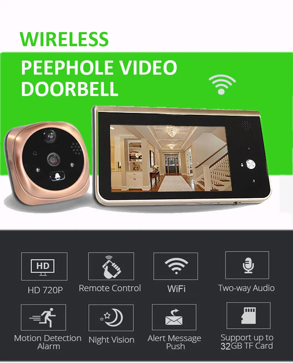 Topvico Doorbell Video Peephole Wifi Doorbell Camera 4.3" Monitor Motion Detection Door Viewer Video-eye Wireless Ring Intercom