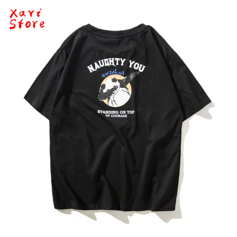 Summer new 100% Cotton Street Boys playful short sleeve T-shirt men's loose panda hip-hop O collar five points sleeves | Мужская