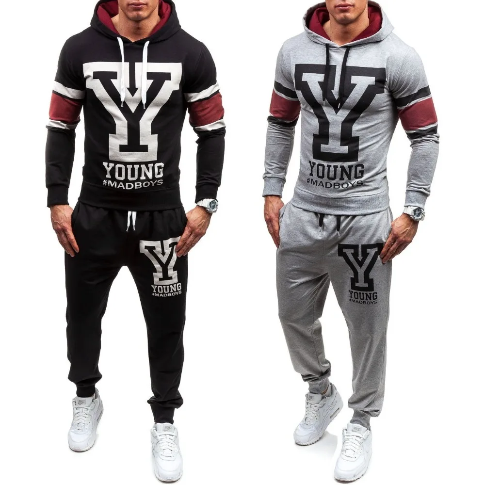 ZOGAA New Style Men's Hooded Sweatshirt and Sport Pants Two Piece Set Casual Autumn Sportswear Letter Printed mens tracksuit | Мужская