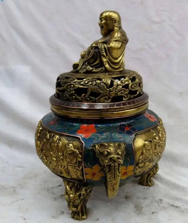 8&quot China bronze Cloisonne Eight Immortals Maitreya Buddha censer Incense burner | Дом и сад