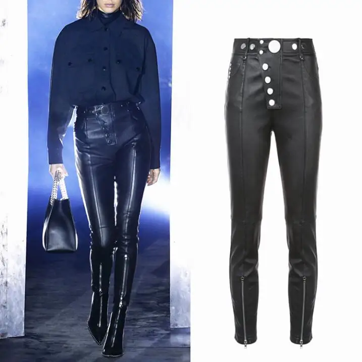 

Fashion Slim Leggings for Women Black Motorcycle Punk button leather pants High waist pencil pants PU leather trousers