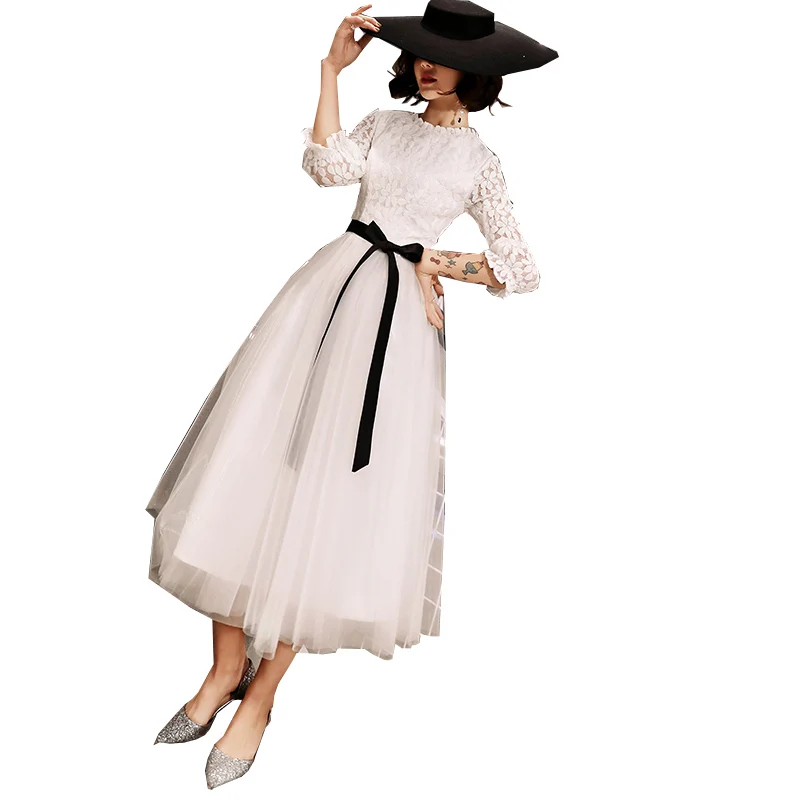 Элегантное простое Кружевное белое вечернее платье с длинными рукавами женский