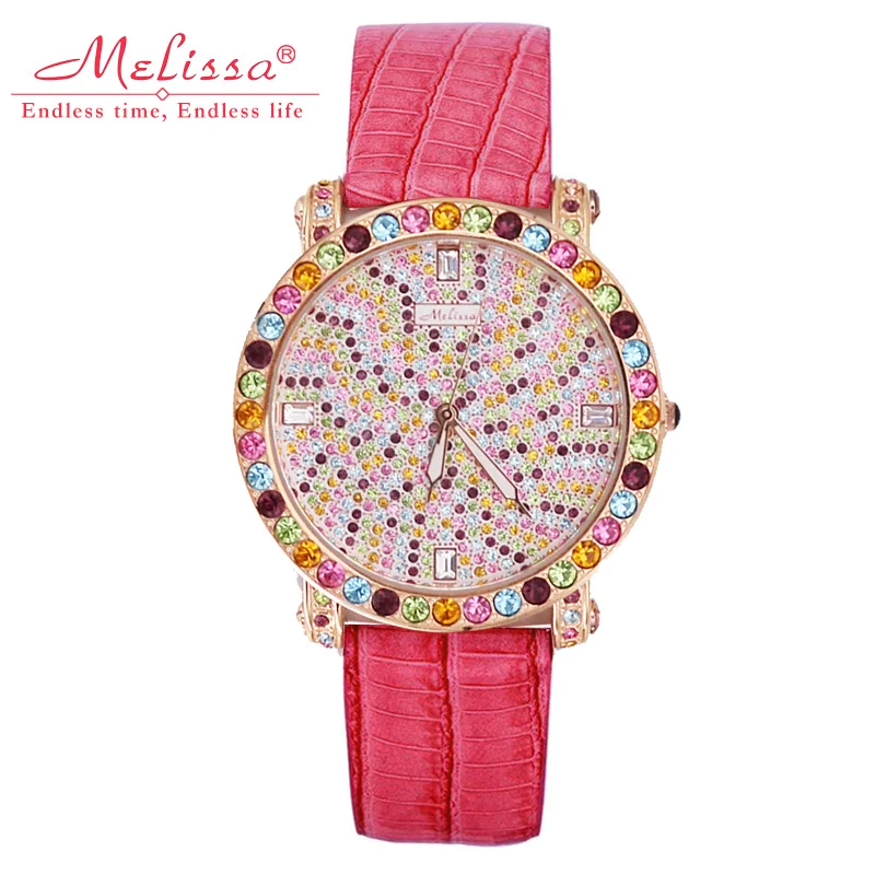 Женские часы Melissa с кристаллами большие японский кварцевый модный кожаный