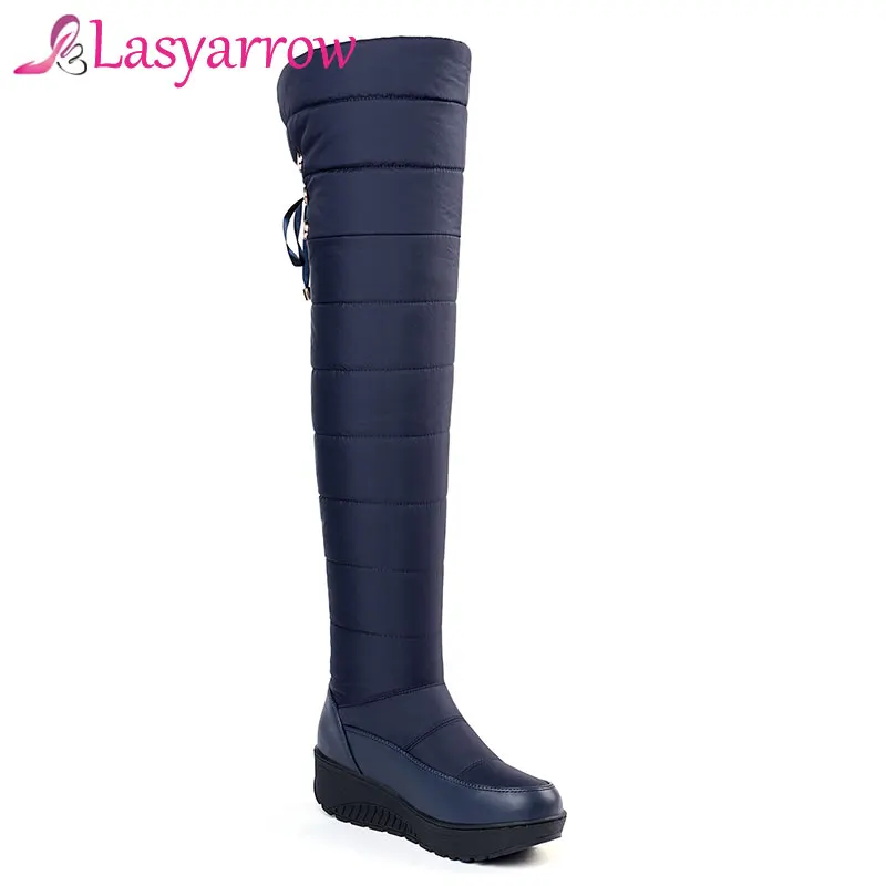 Lasyarrow Down Warm Snow Boots Women Round toe Platform Thigh High Fashion Lace Up Over the Knee Wedges Botas Mujer | Обувь