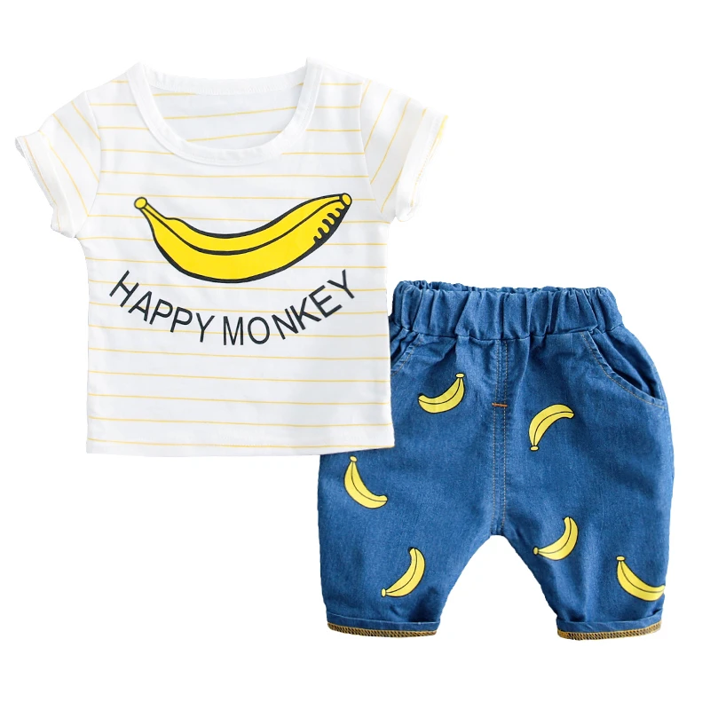 

New Arrivals Summer T-shirt + Jeans Shorts/Set Boys Cartoon Banana Tops Children Cotton Infant Clothing Baby Clothes Set 0-4T