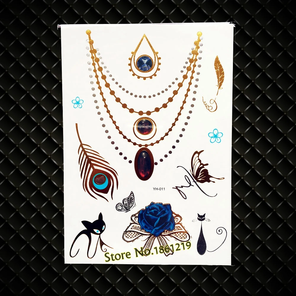 

Gold Henna Temporary Removable Tattoo Choker Neclace Designs 21x15CM Large Metallic Golden Tattoo Bowknot Pattern Black Cat Gem
