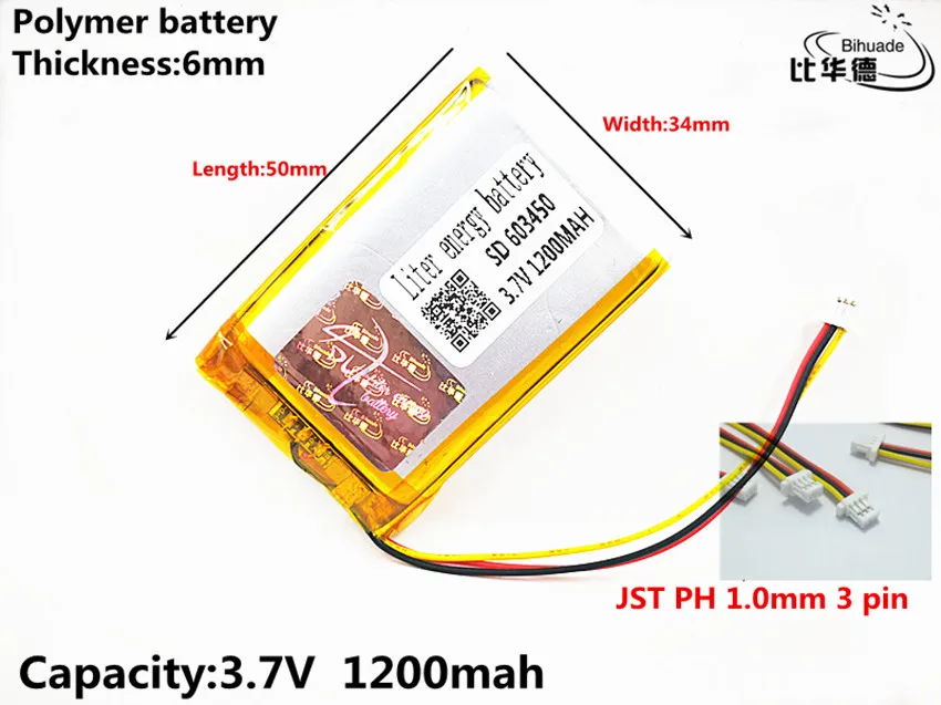 JST PH 1 0 мм 3-контактный высококачественный 3 7 в 1200 мАч 603450 полимерный